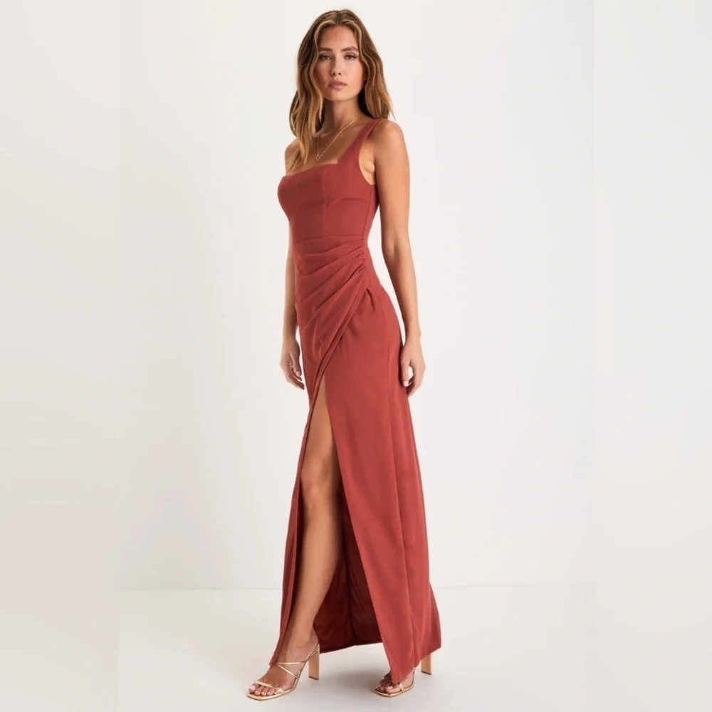 Lulus Glamorous Disposition Rust Ruched Maxi Dress